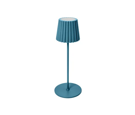 Modrá LED akumulátorová stolová lampa do exteriéru.