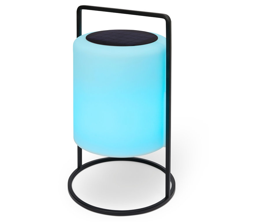 Valcová, modro svietiaca lampa s čiernym rámom stojí na bielom pozadí.