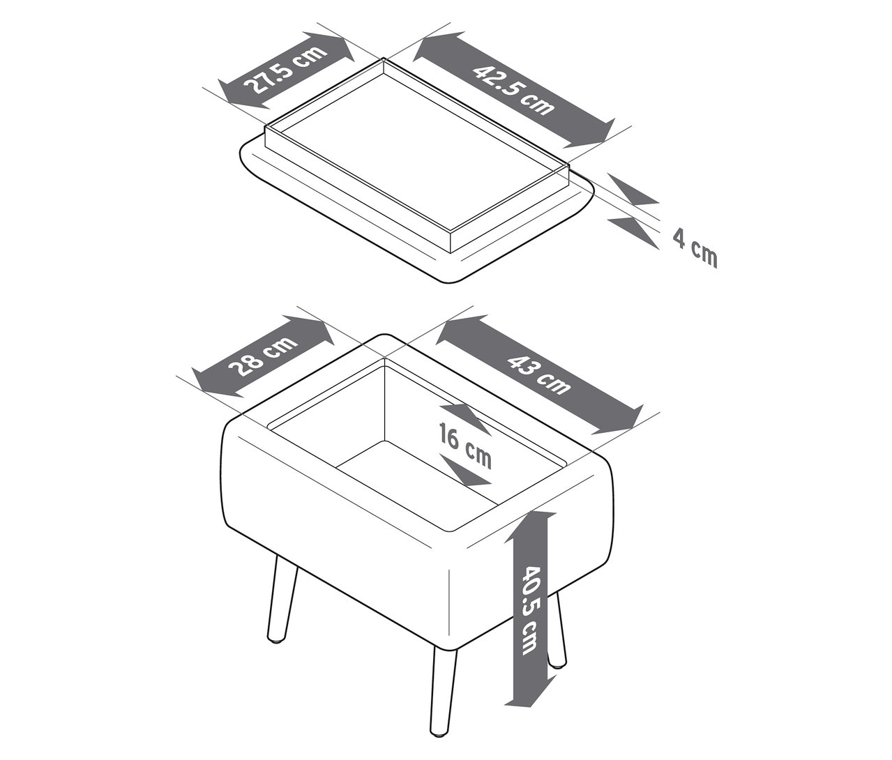 Pohľad zhora a zboku na taburetku s úložným priestorom s rozmermi.