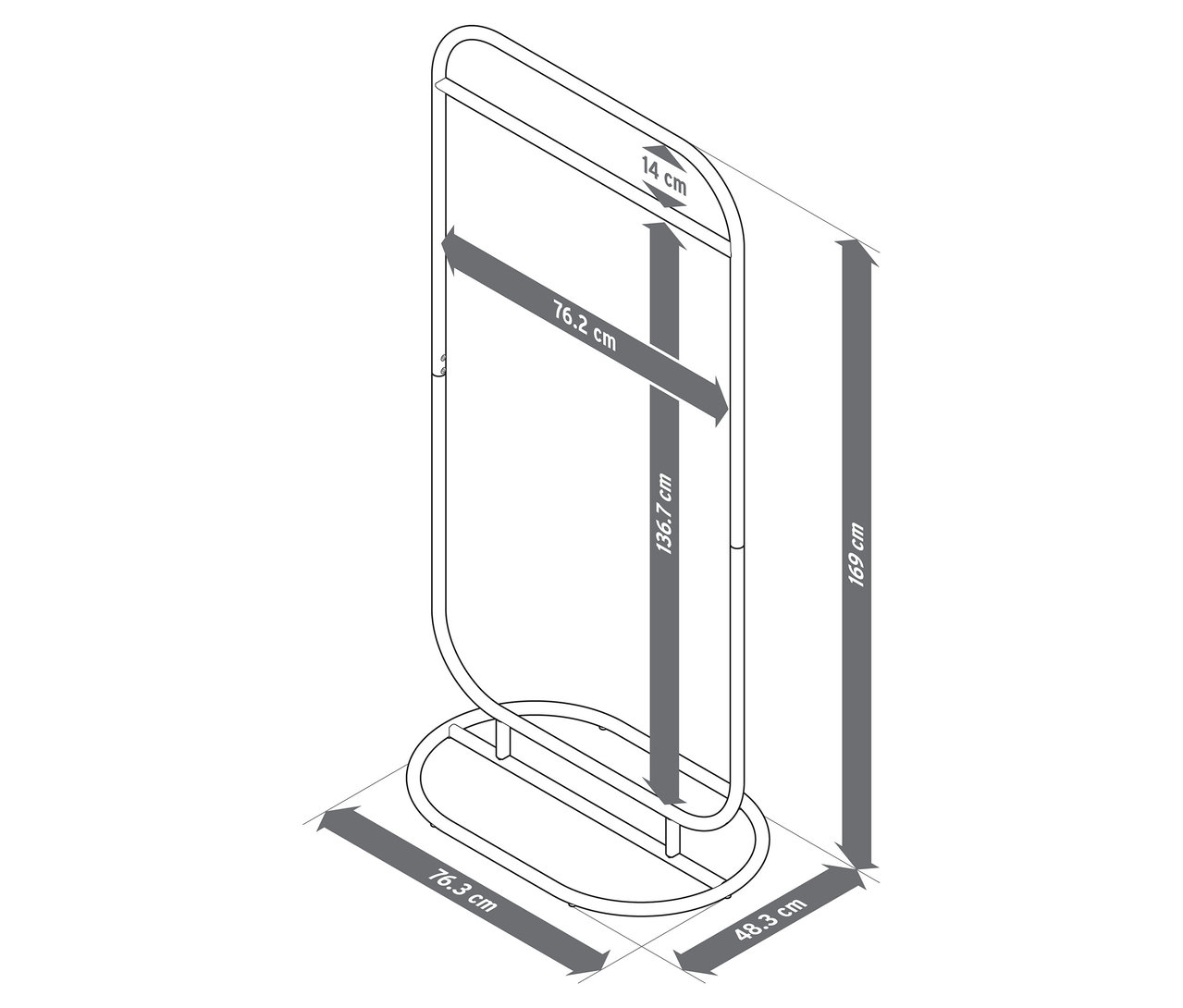 Obrázok voľne stojaceho vešiaka s rozmermi.