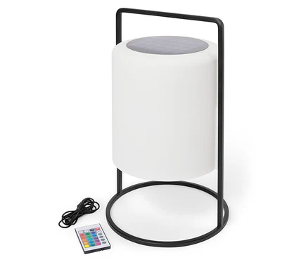 Biela valcová lampa s čiernym rámom, káblom a diaľkovým ovládaním.