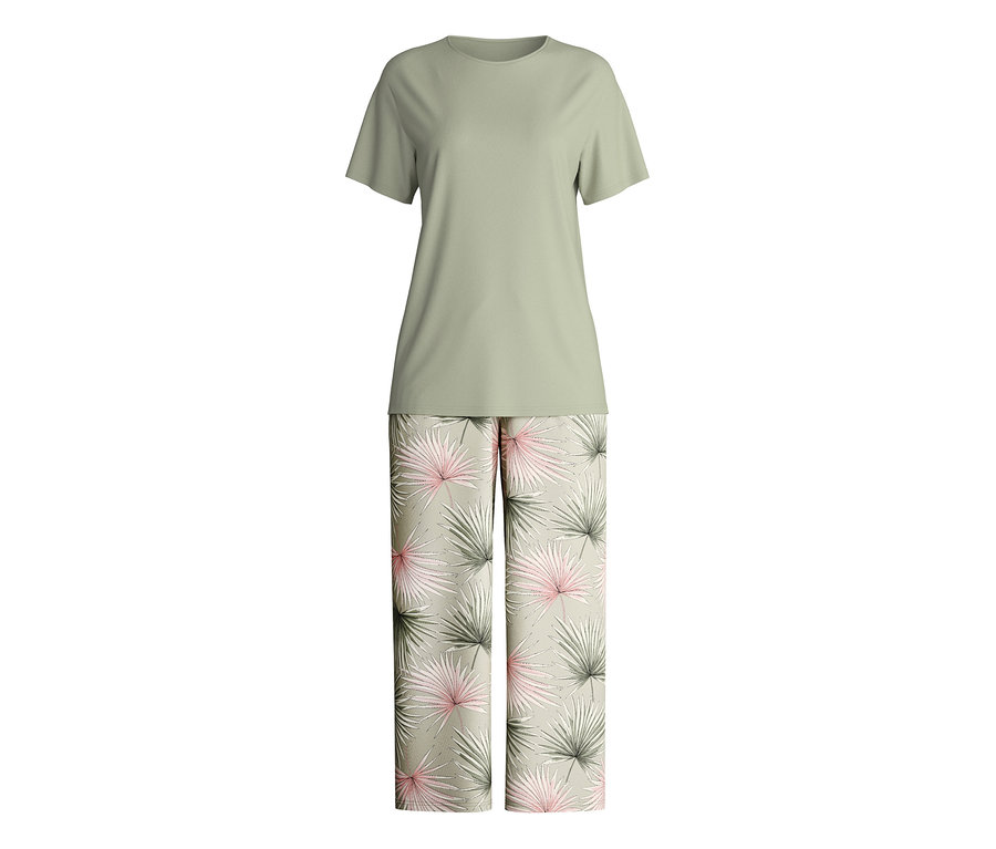 7/8 pyžamo Calida »Leaf Dreams« pozostáva z olivového trička a dlhých nohavíc s palmovým vzorom.