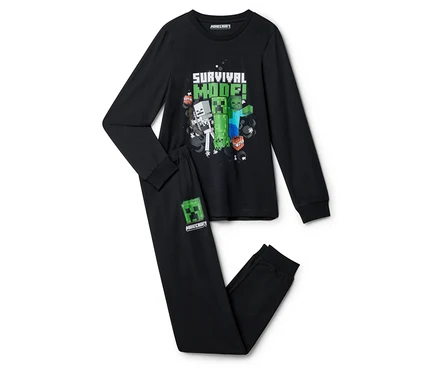 Čierne pyžamo Minecraft s nápisom „Režim prežitia!“ a grafikou Creeper, Zombie a Skeleton.