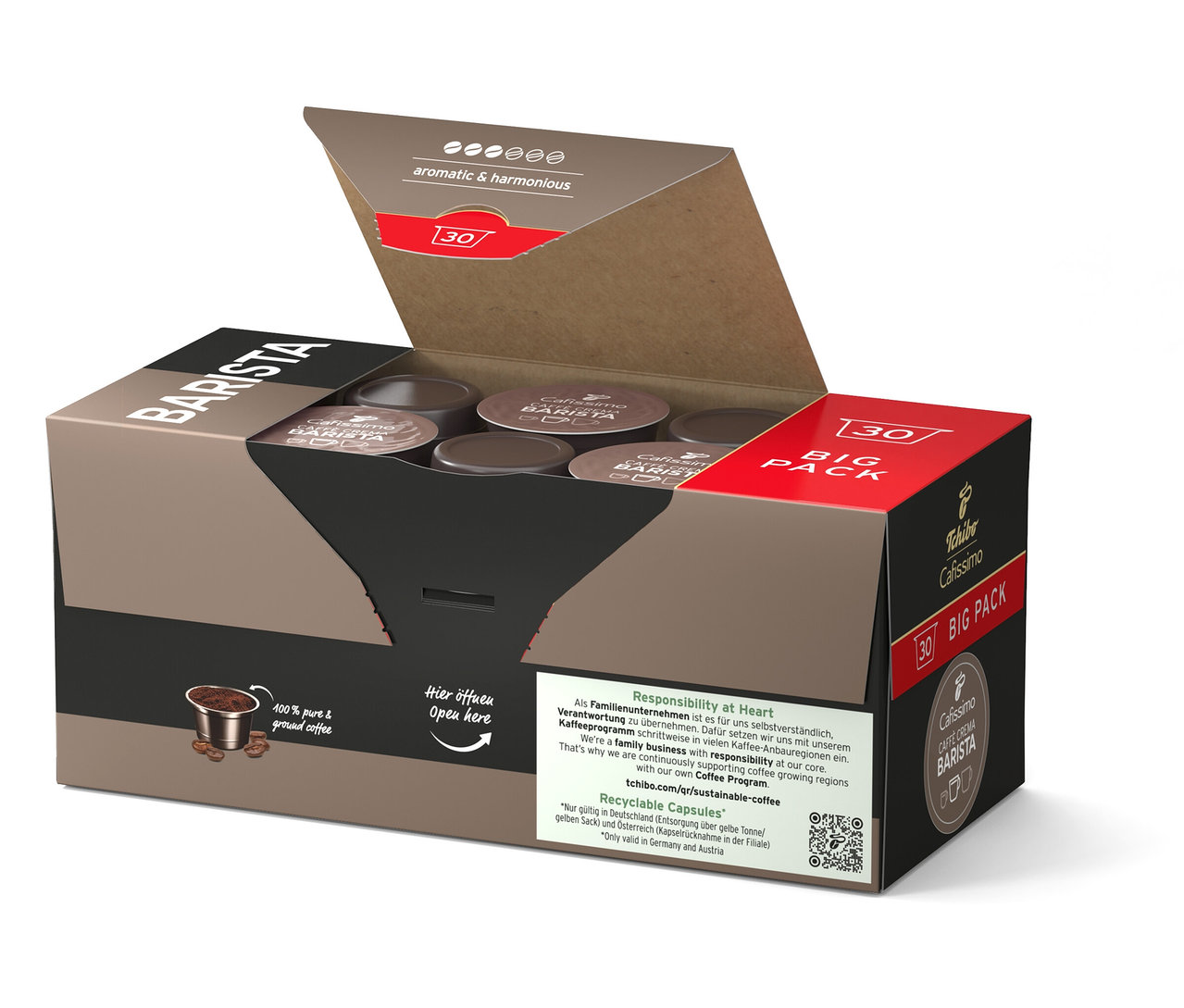 Otvorený hnedý Tchibo Cafissimo Barista Big Pack s 30 kapsulami kávy.