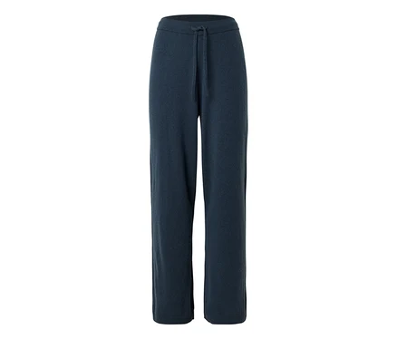 Tmavomodré, široké pletené nohavice so sťahovacou šnúrkou v páse.