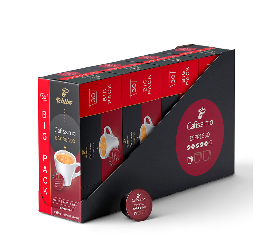 Čierno-červený stojan so 120 kapsulami Tchibo Cafissimo Espresso silné, s jednou červenou kapsulou vpredu.