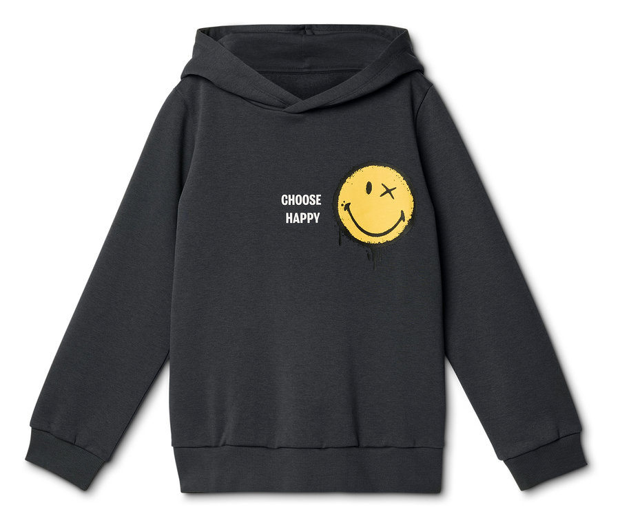 Tmavosivá mikina s kapucňou so žltým smajlíkom, ktorý má namiesto pravého oka X a žlté kvapky farby, vedľa neho text „CHOOSE HAPPY“.
