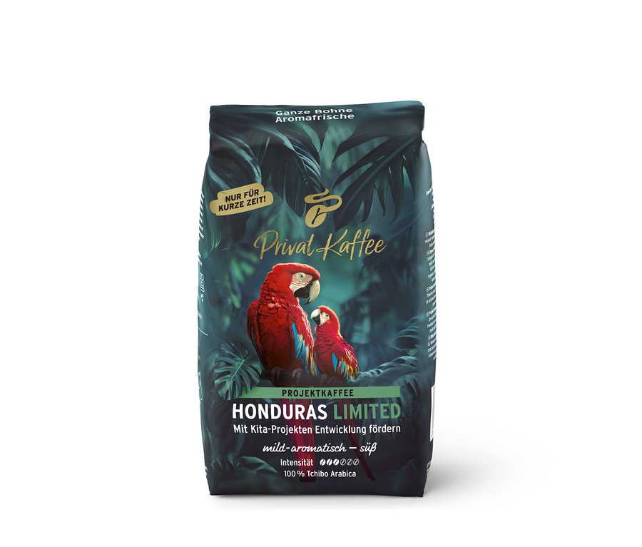 Tmavozelené balenie kávy Privat Kaffee Limited Edition Honduras s tropickým dizajnom a dvoma červenými arami.
