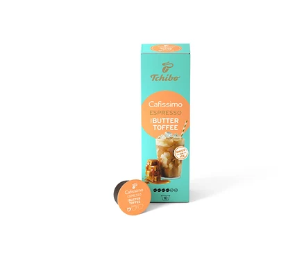Balenie kapsúl Cafissimo Flavoured Espresso - Buttertoffee stojí vedľa dvoch samostatných kapsúl.