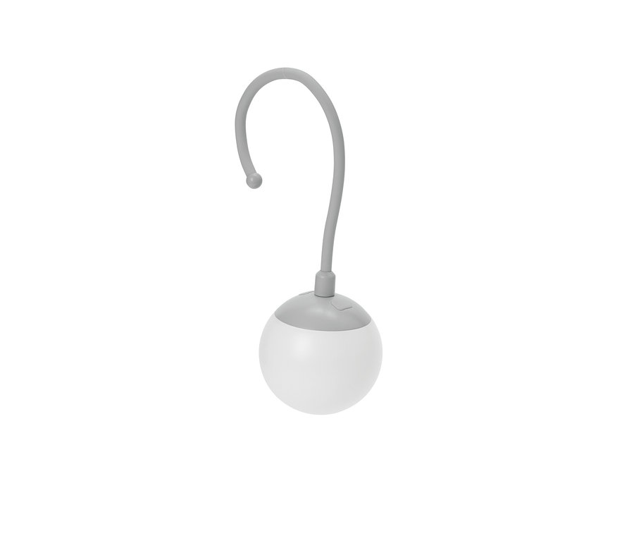 Šedá lampa s okrúhlym bielym tienidlom.