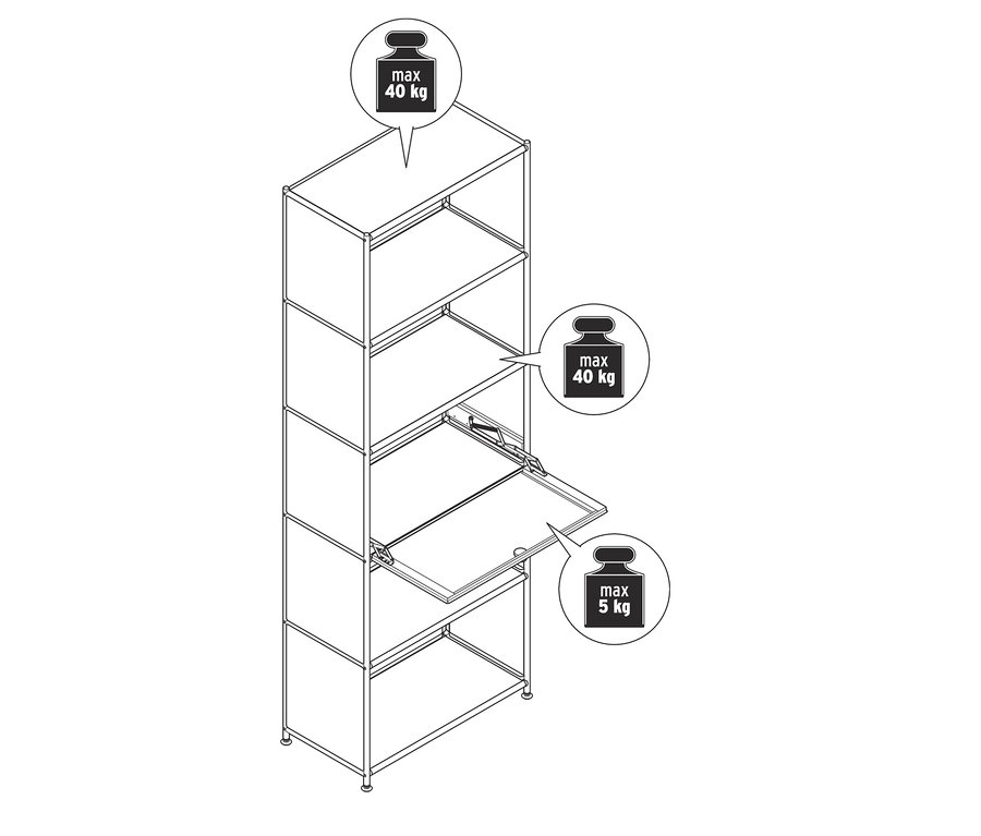 Nákres vysokého kovového regálu s výklopnou priehradkou. Maximálna nosnosť hornej priehradky a priehradky s výklopom je 40 kg, spodná priehradka 5 kg.