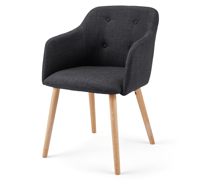 Antracitová čalúnená stolička s drevenými nohami.