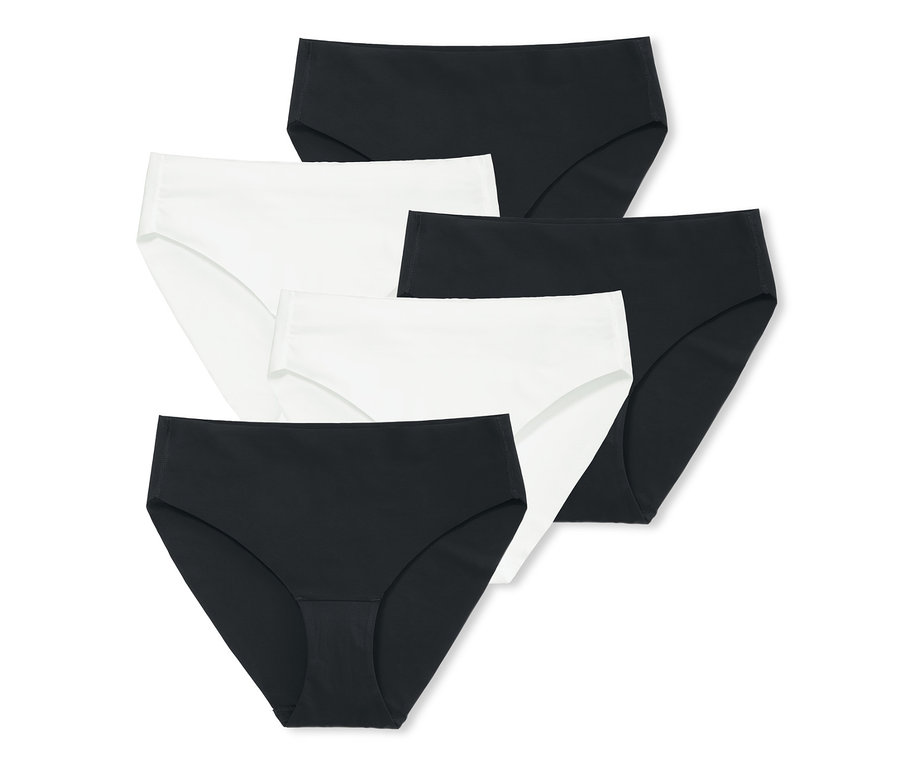 Päť kusov nohavičiek »Magic Cut« v čiernej a bielej farbe na bielom pozadí.