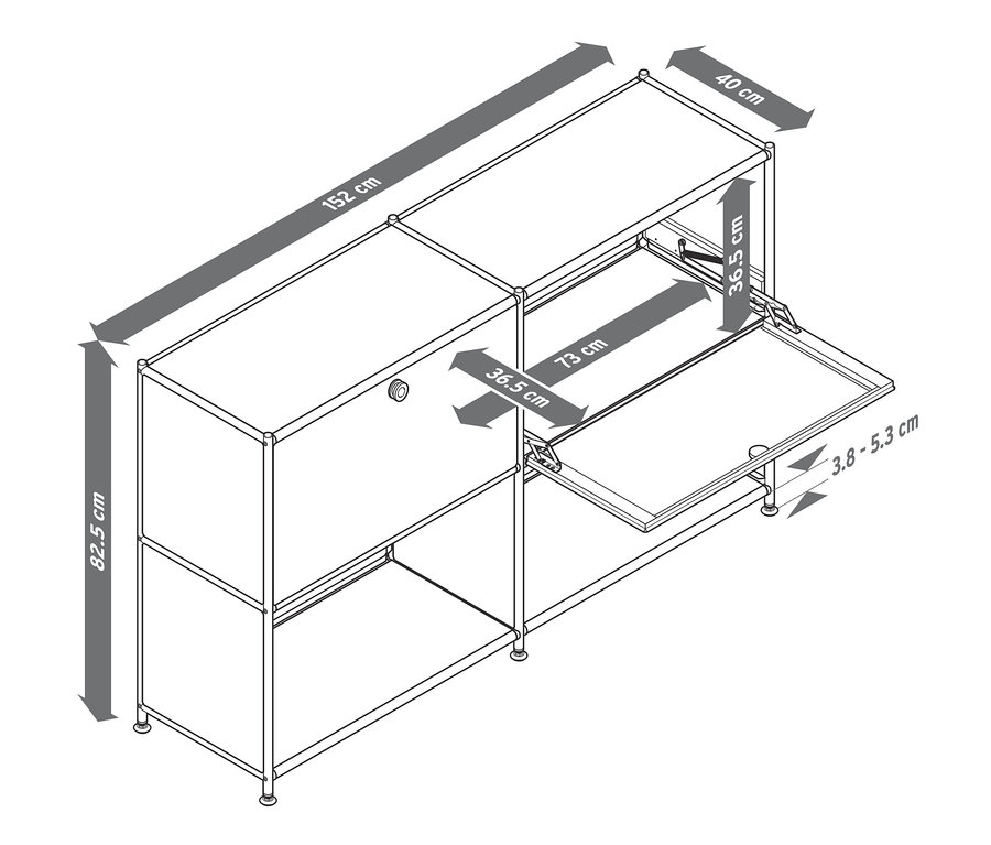 Schéma kovovej odkladacej skrinky CN3 s dvomi výklopnými dvierkami a rozmermi.