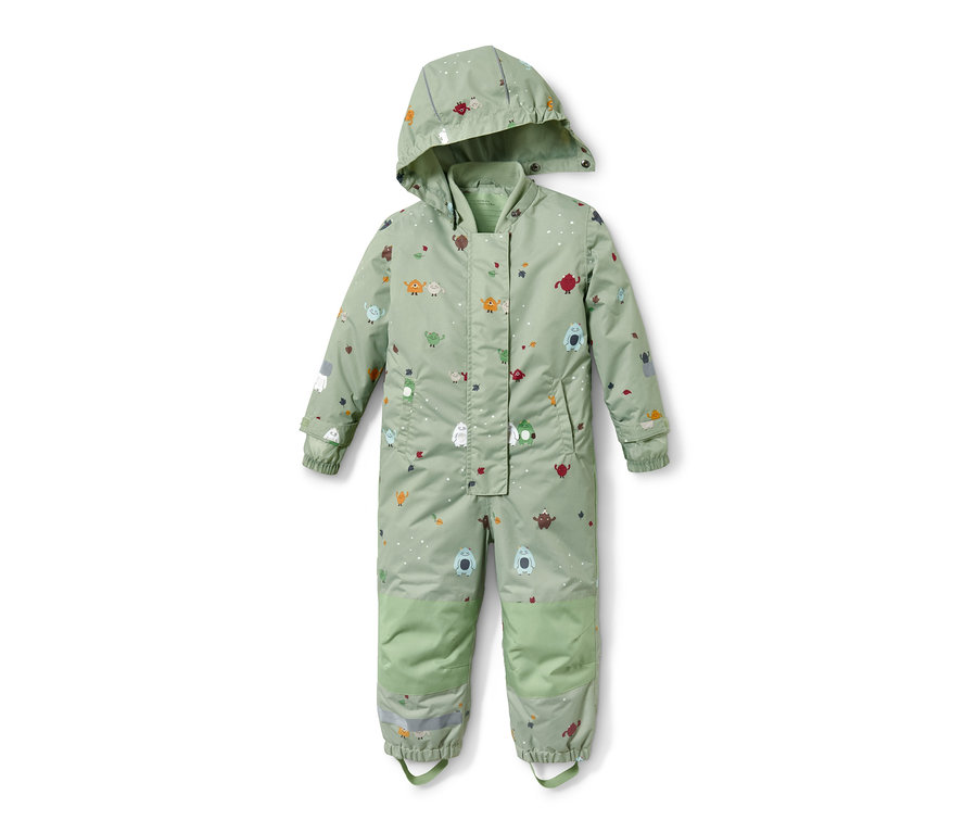 Zelený overal do dažďa s kapucňou a potlačou príšeriek.