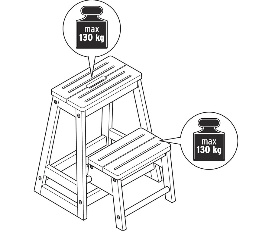 Nákres drevenej skladacej stoličky s dvoma stupienkami s maximálnou nosnosťou 130 kg.