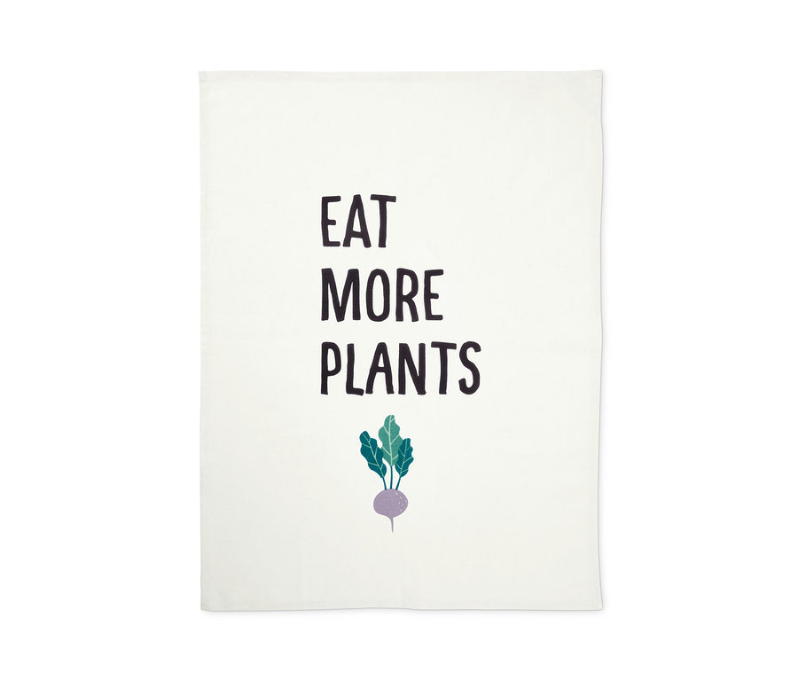 Biela utierka s nápisom EAT MORE PLANTS a obrázkom repy. Utierky na riad, 3 ks.