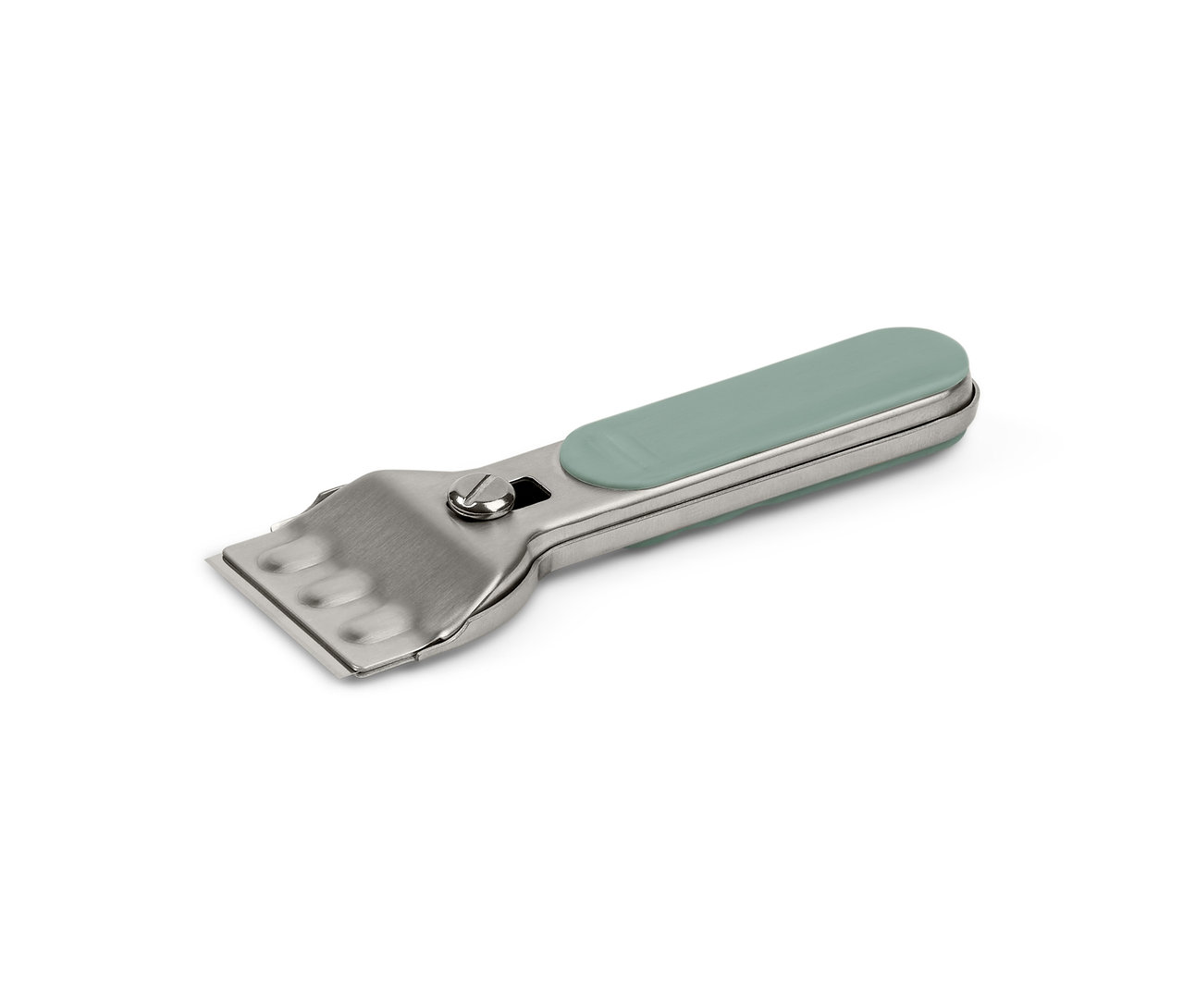 Čistiaca škrabka so striebornou kovovou hlavou a svetlozelenou rukoväťou.