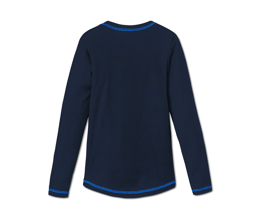 Tmavomodrá funkčná spodná bielizeň s dlhým rukávom a modrým lemovaním.