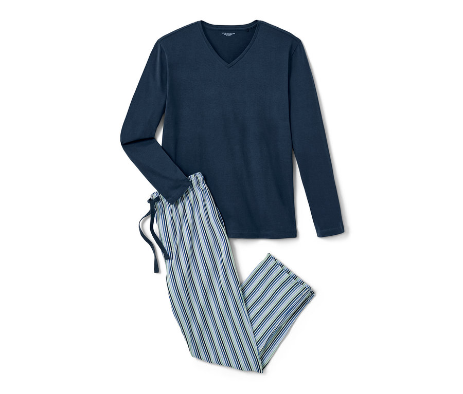 Modré pyžamo s dlhým rukávom a pruhované nohavice.