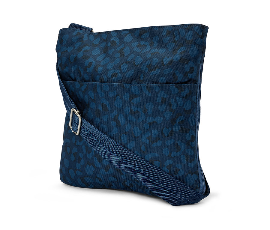 Modrá bezpečnostná taška s tmavomodrým zvieracím vzorom.