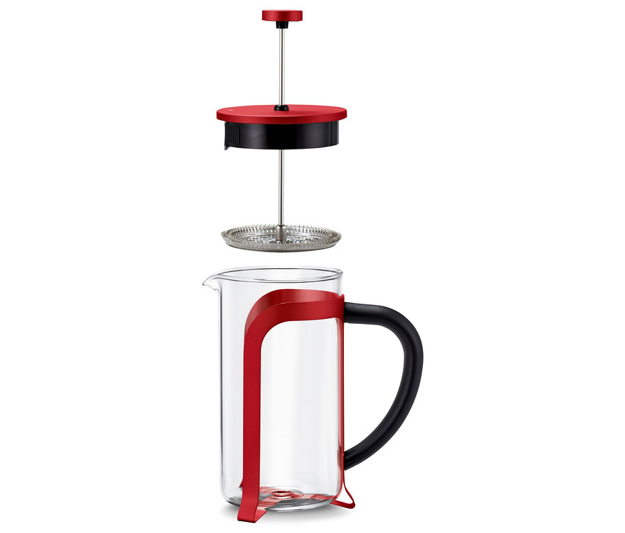 Červená kanvica french press 800 ml so 6 šálkami v rozloženom stave.