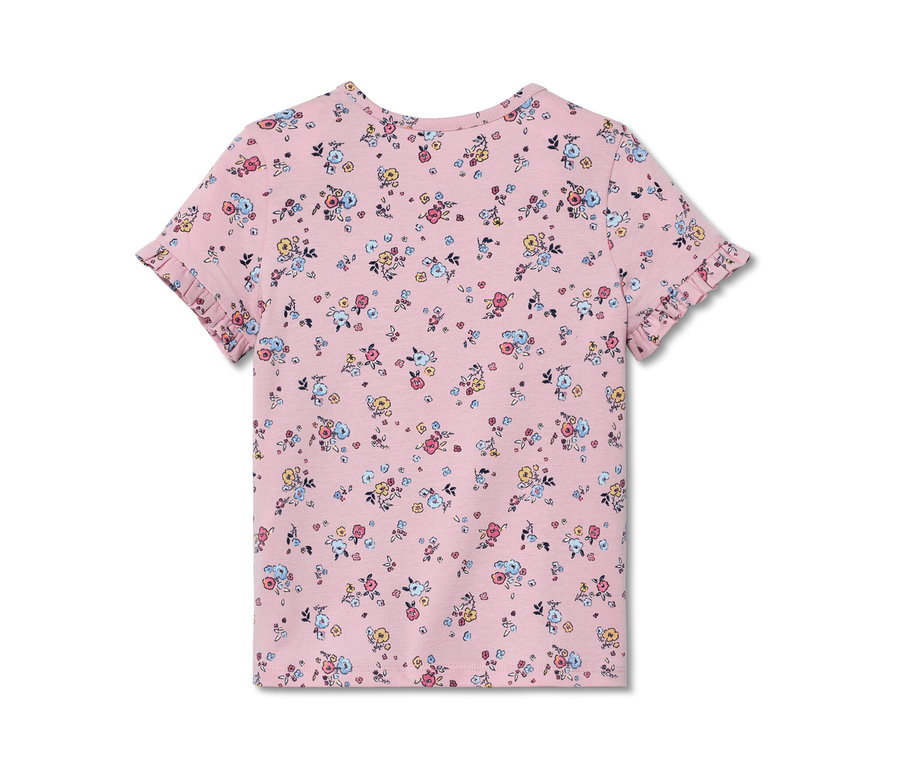 Ružové dievčenské tričko s krátkym rukávom a kvetinovou potlačou. Tričko má na rukávoch volány. Detské tričká s aplikáciou, 2 ks.