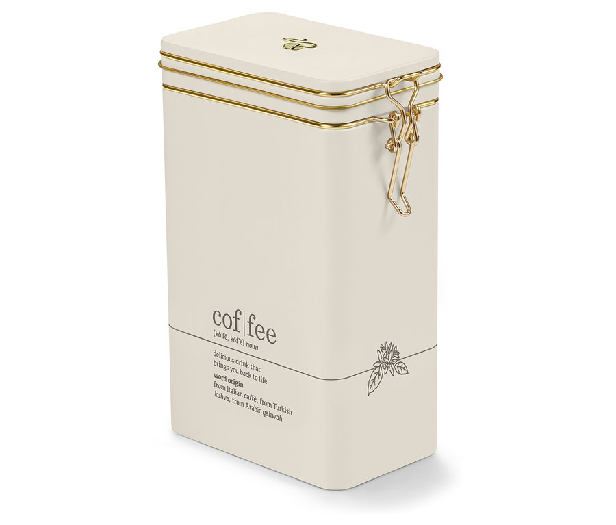 Krémová dóza na kávu coffee dictionary s nápisom coffee a zlatými detailmi.
