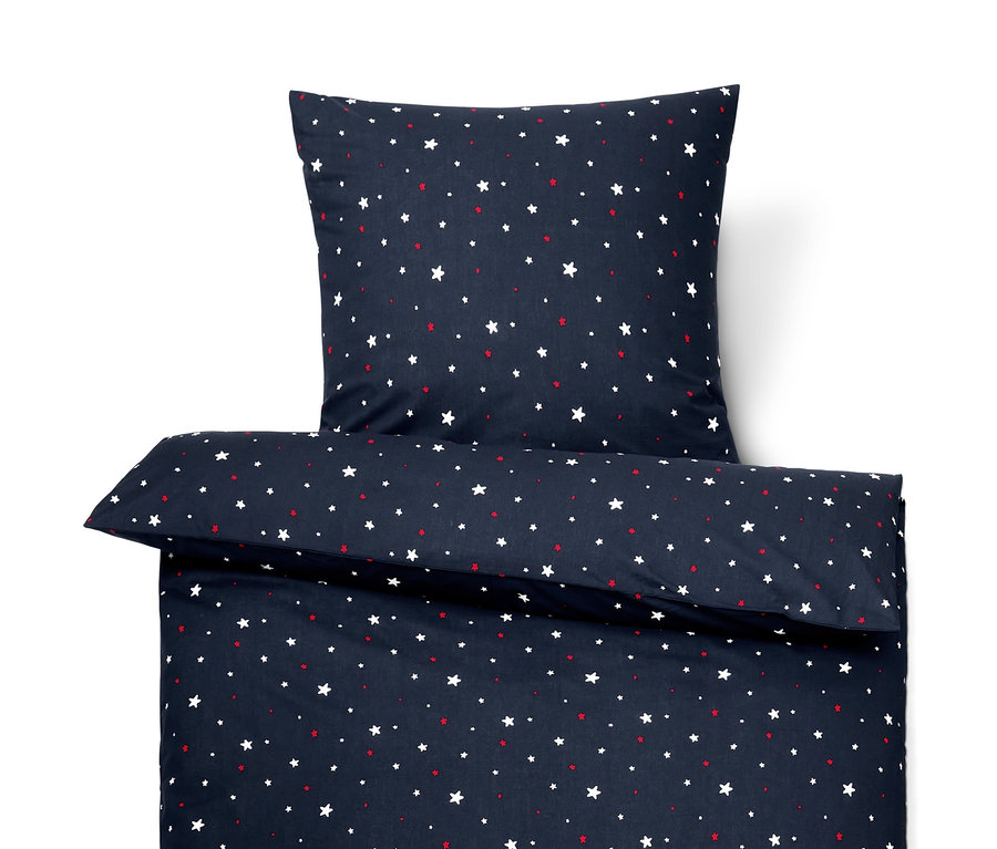 Tmavomodrá prémiová bavlnená posteľná bielizeň s hviezdami, štandardná veľkosť, na vankúš aj prikrývku.