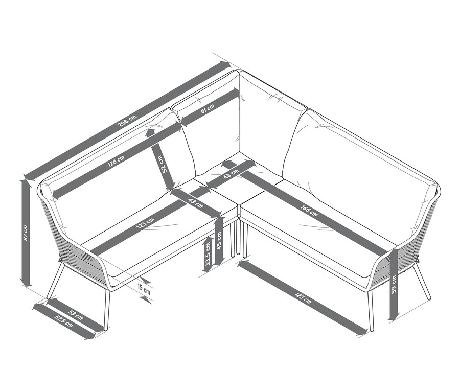 Nákres rohovej sedačky s textilným výpletom a rozmermi.