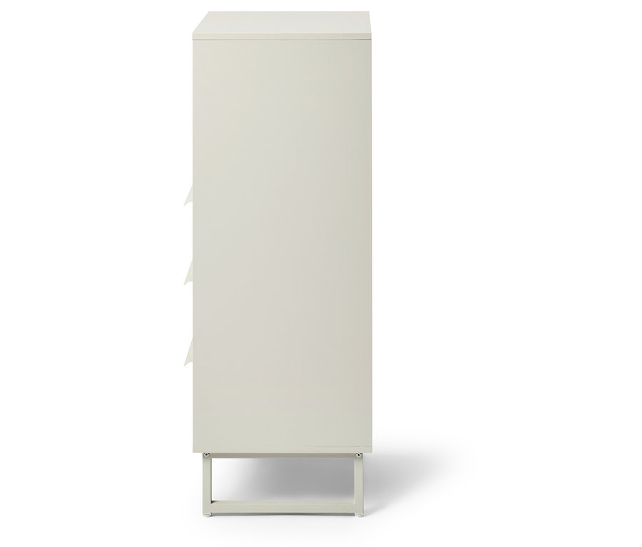 Bočný pohľad na bielu komodu so zásuvkami a kovovou základňou.