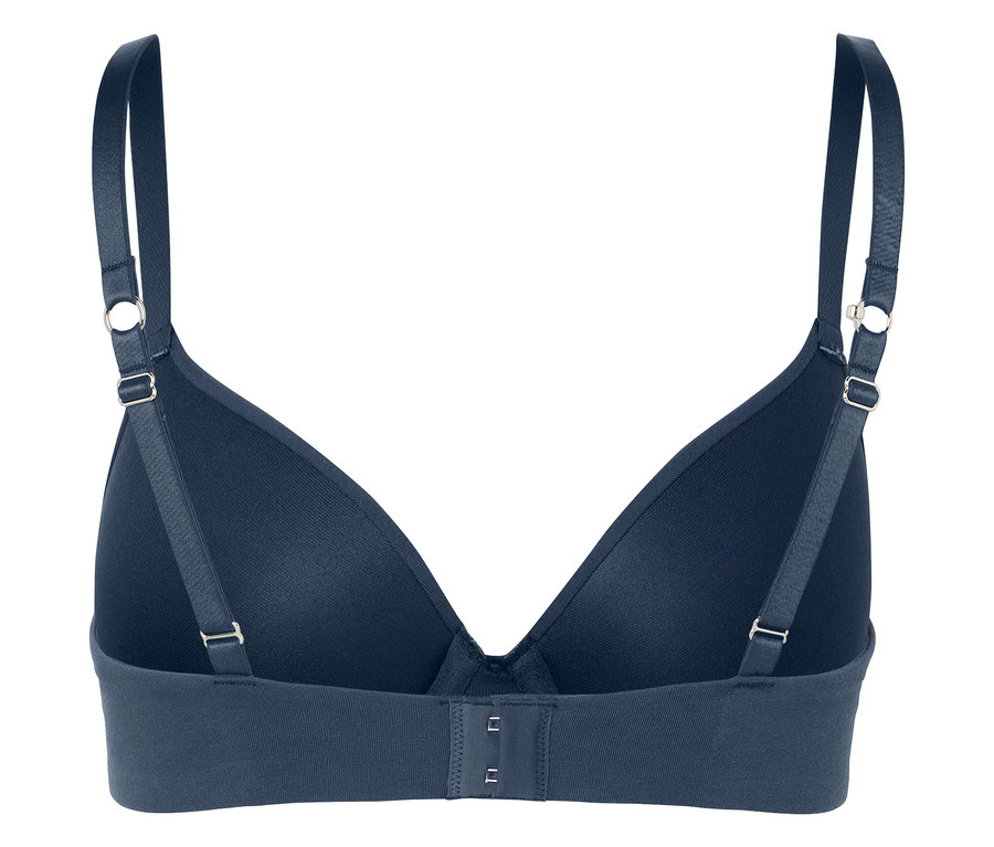 Pohľad zozadu na tmavomodrú podprsenku s nastaviteľnými ramienkami a zapínaním na háčiky.