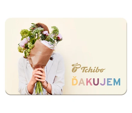 Žena drží kyticu kvetov pred tvárou. Na karte je logo Tchibo a nápis Ďakujem.