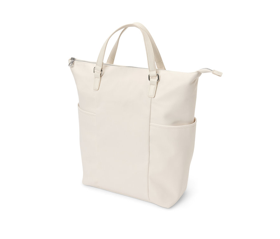 Krémový plátený ruksak s dvoma rúčkami a vonkajším vreckom.