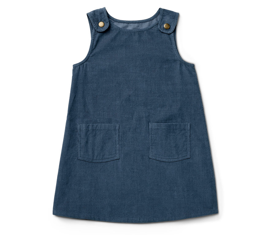 Modré menčestrové šaty s gombíkmi a vreckami.