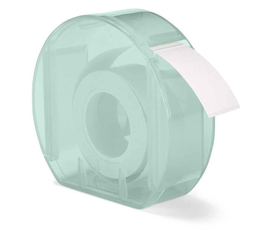 Priehľadný modrozelený dávkovač s bielou lepiacou páskou.