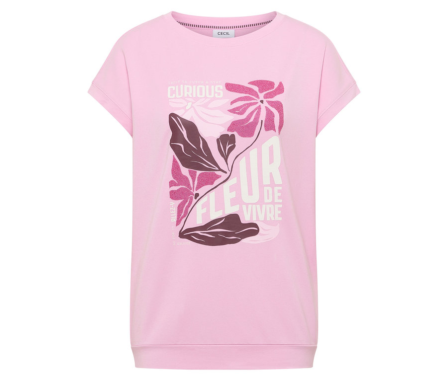 Ružové tričko CECIL s kvetinovou potlačou leží na bielom pozadí.