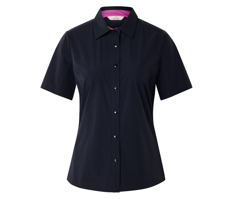 Tmavomodrá košeľa s krátkym rukávom, golierom a gombíkmi.