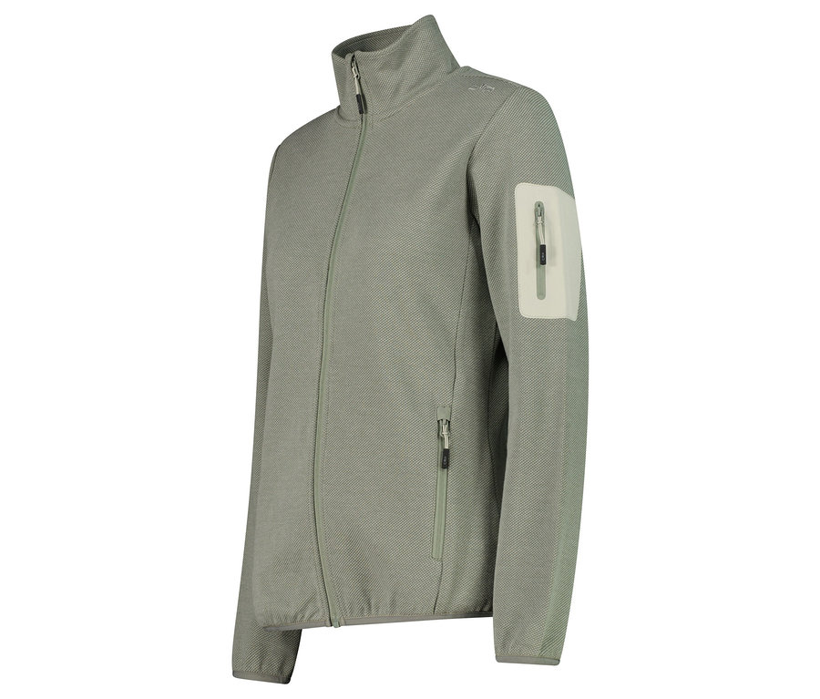 Svetlozelená flísová bunda so zipsom a vreckom na ľavom rukáve.