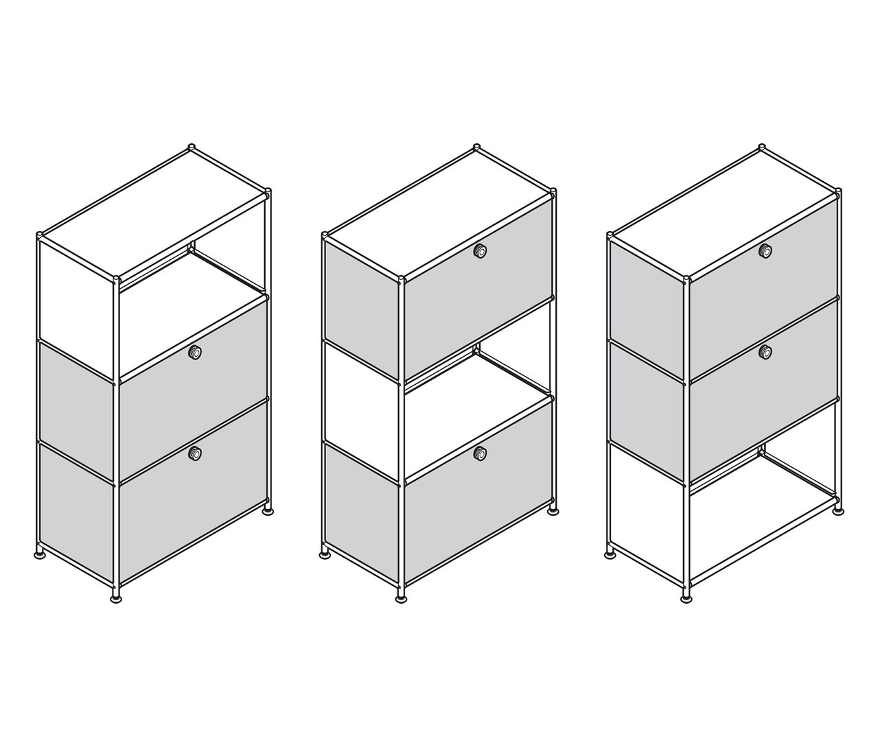 Zobrazené tri kovové komody »CN3« s dvomi výklopnými priečinkami.