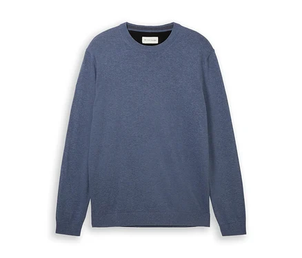 Pletený pulóver Tom Tailor vo farbe Vinted Indigo Blue Melange, ležiaci naplocho.