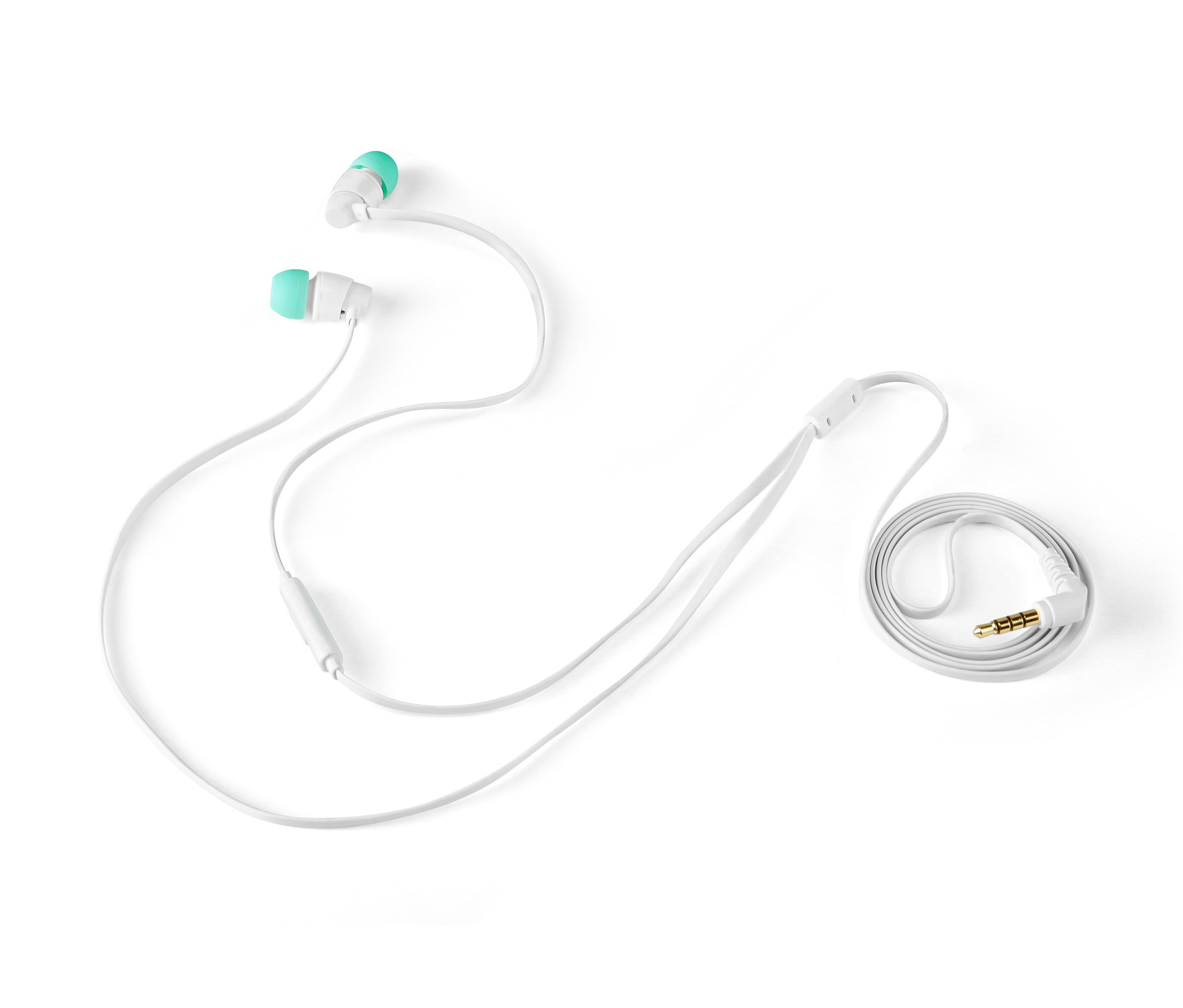 Biele slúchadlá do uší s tyrkysovými koncovkami na bielom pozadí.
