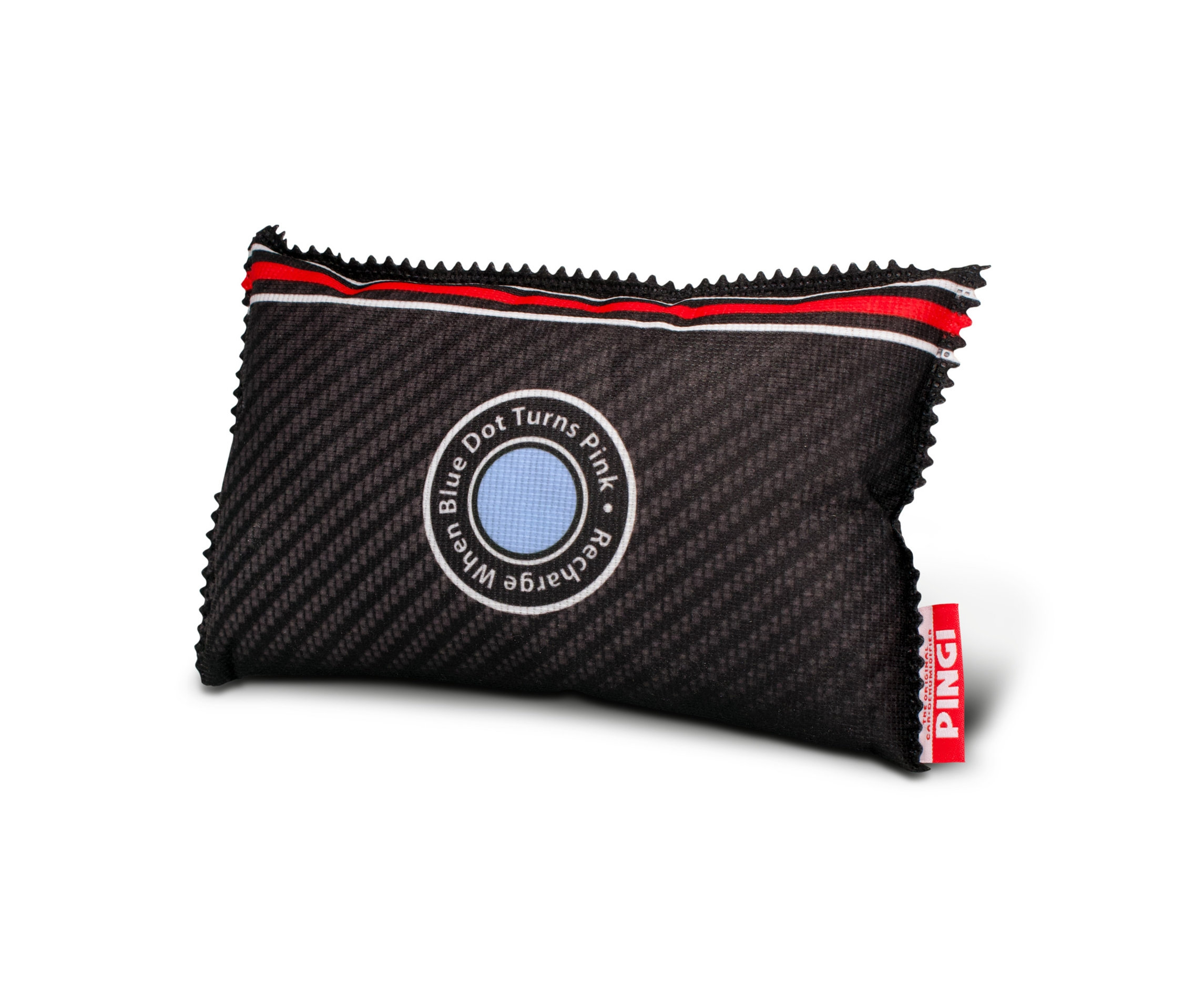 Čierny odvlhčovací vankúšik do auta Pingi s modrým indikátorom vlhkosti v strede.