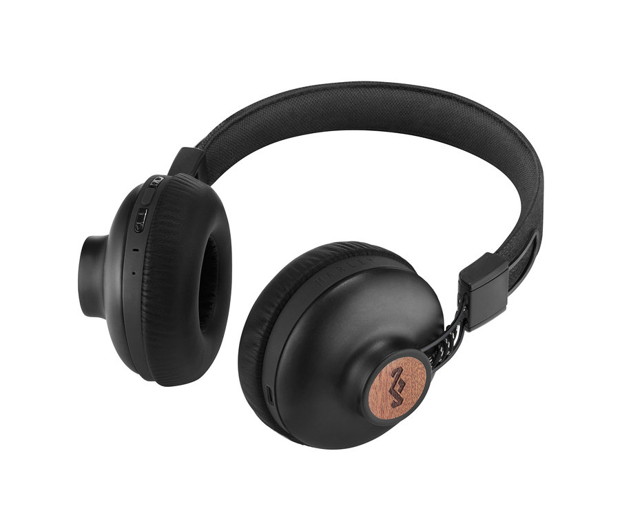 Čierne bezdrôtové slúchadlá na uši s Bluetooth® House of Marley »Positive Vibration 2« na bielom pozadí.
