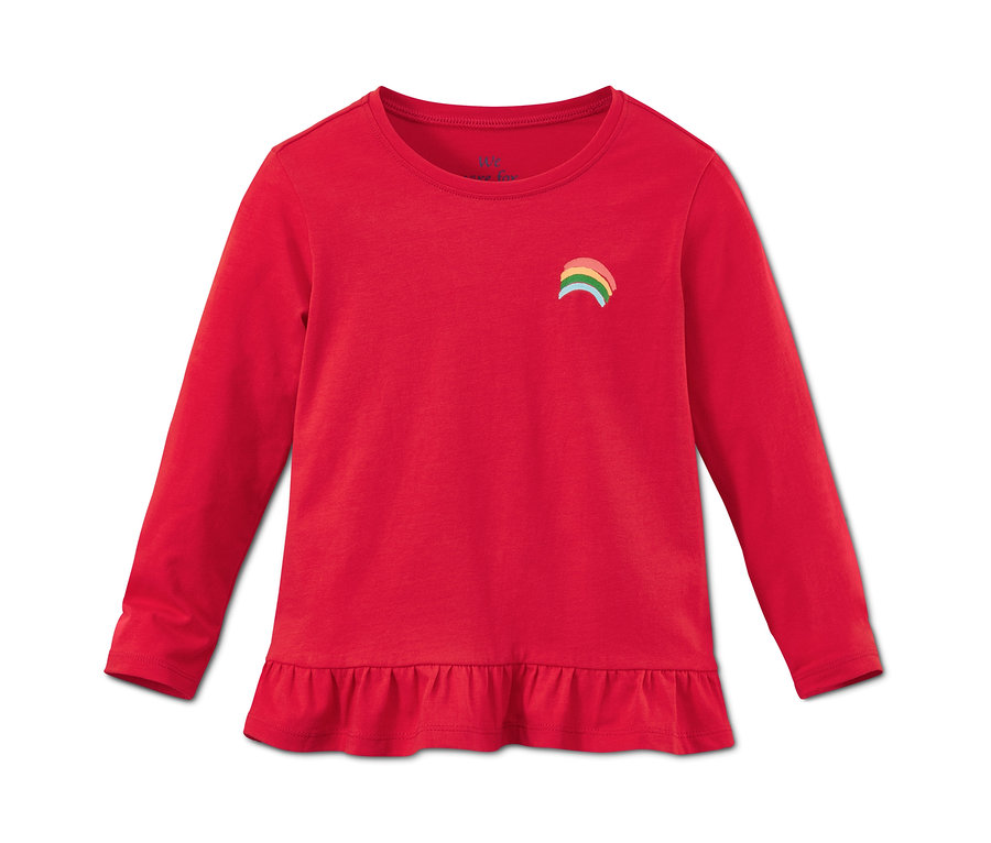 Červené tričko z biobavlny s dlhým rukávom a malou dúhou.