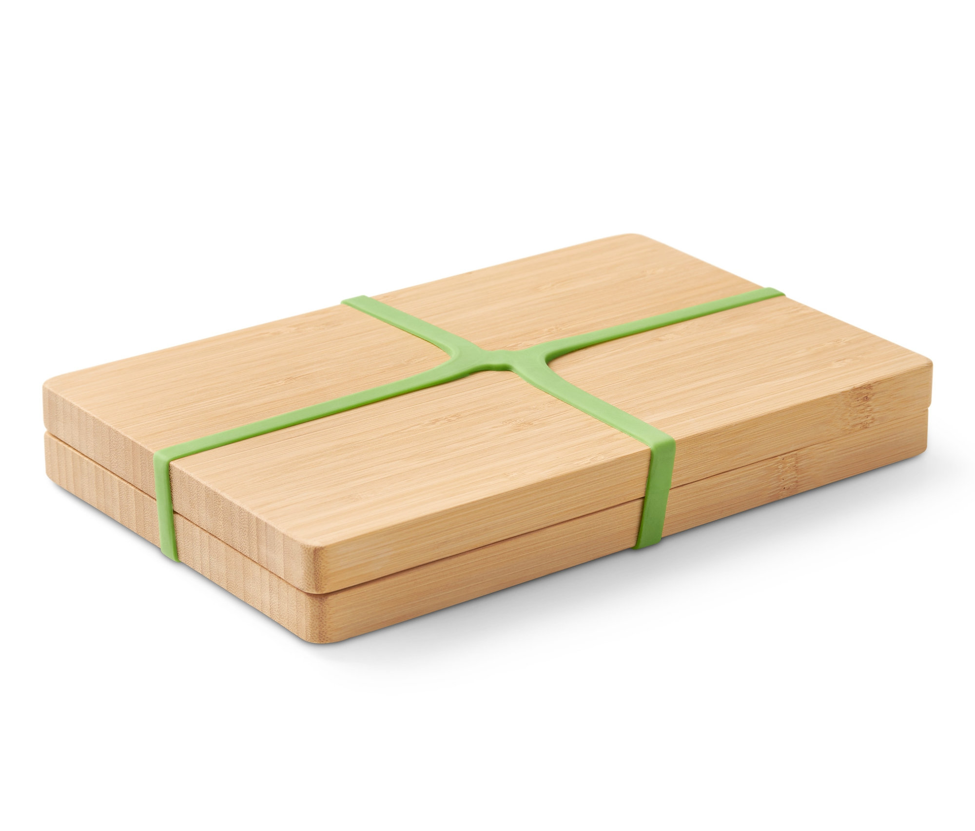 Dve doštičky na piknik spojené zelenou gumou.