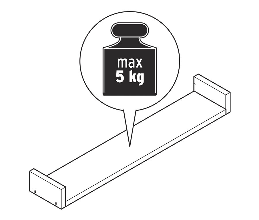 Ilustrácia nástennej poličky s dĺžkou cca 80 cm a maximálnou nosnosťou 5 kg.