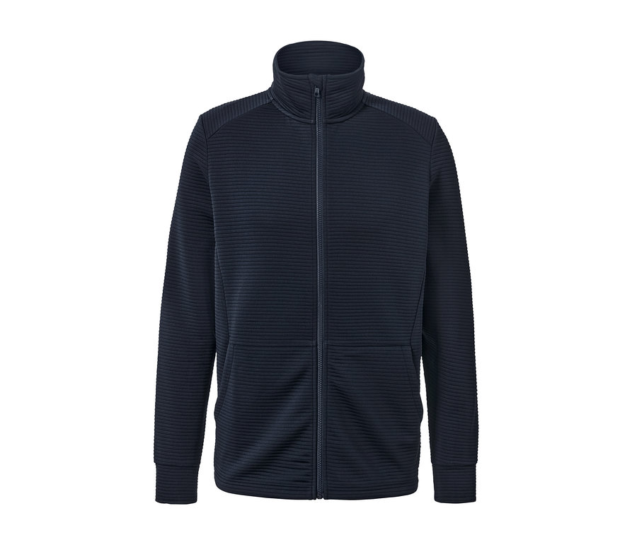 Námornícka modrá funkčná bunda so zipsom v strede.