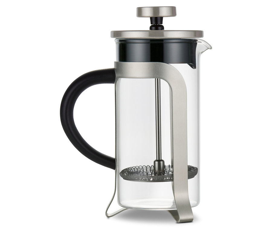 Strieborná kanvica french press s objemom 300 ml pre 2 šálky.