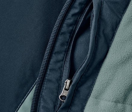 Detail detskej outdoorovej a snowbordovej bundy s vreckom na zips.